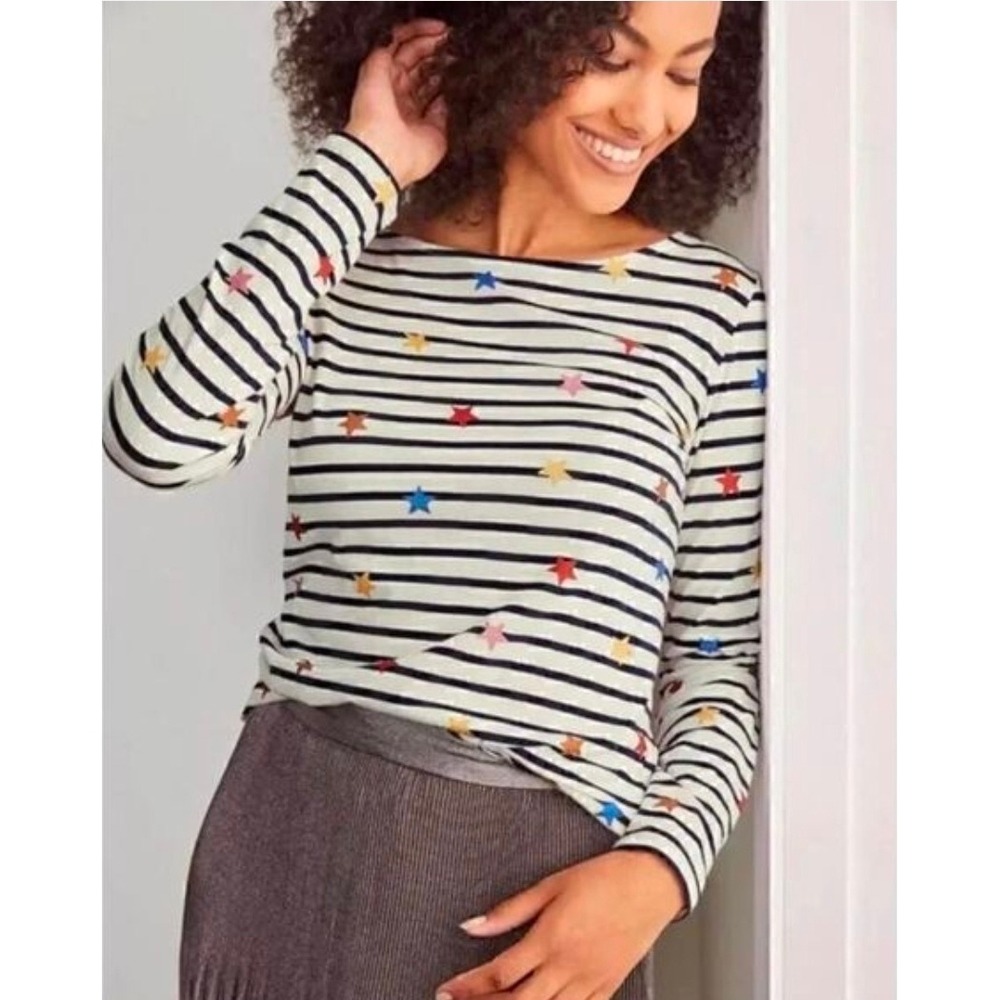 Boden Breton Stripe Shirt 14 White & Black Glitter Star Long Sleeve Condition